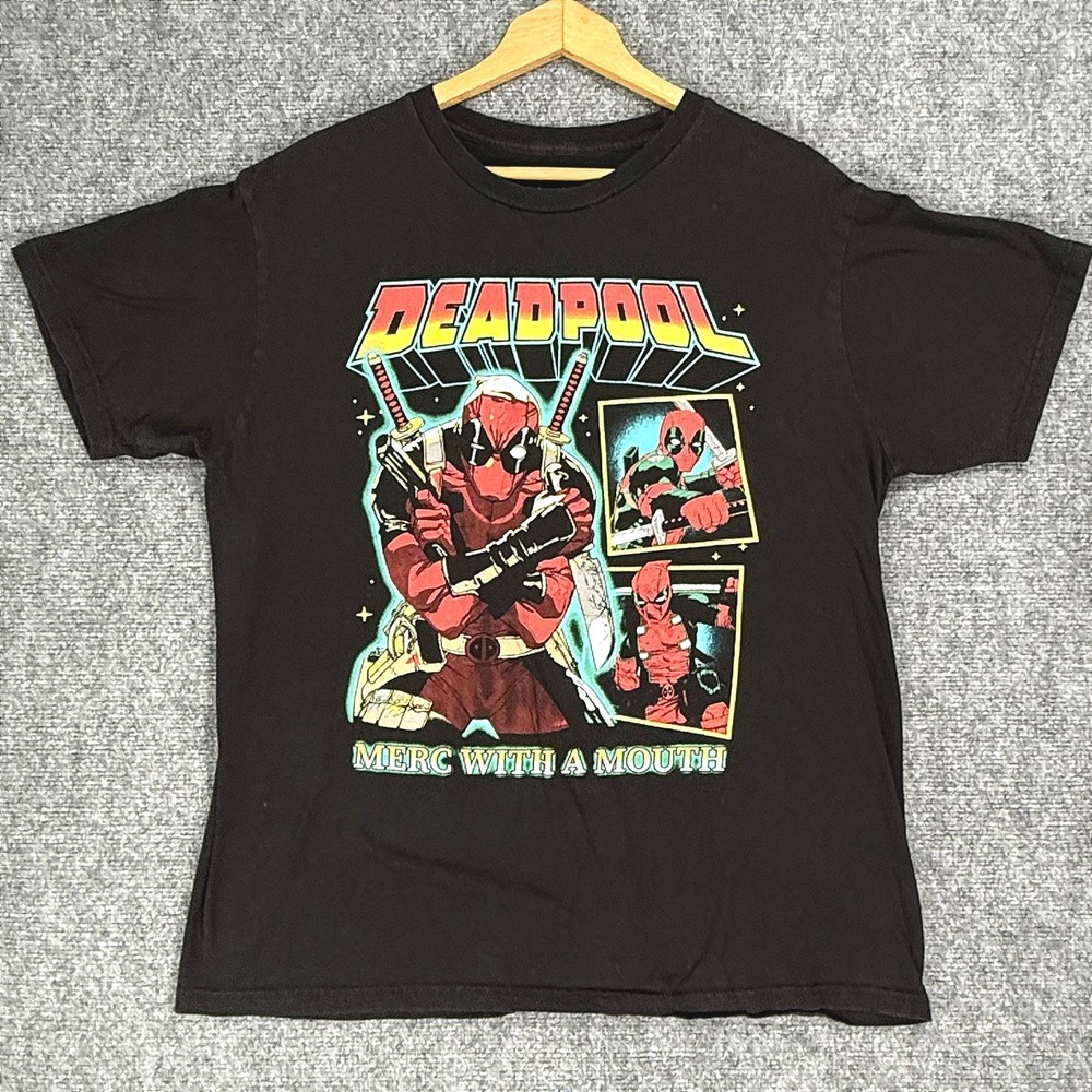 Marvel Deadpool Merc With A Mouth T-Shirt Men's Large Black Comic Graphic Cotton